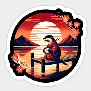 Aquatic Animal Vintage Sunset Art Floral Japanese Otter Sticker